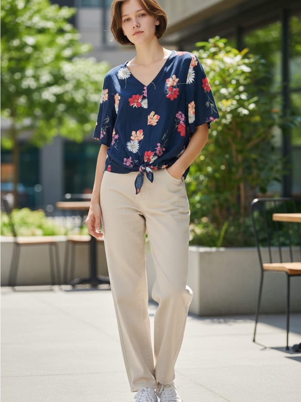 St. John's Bay Navy Floral Tie-Front Blouse